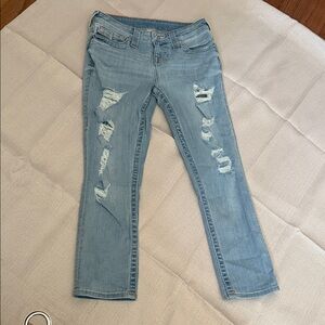 Stylish Light Blue True Religion Distressed wimens capri Jeans 26